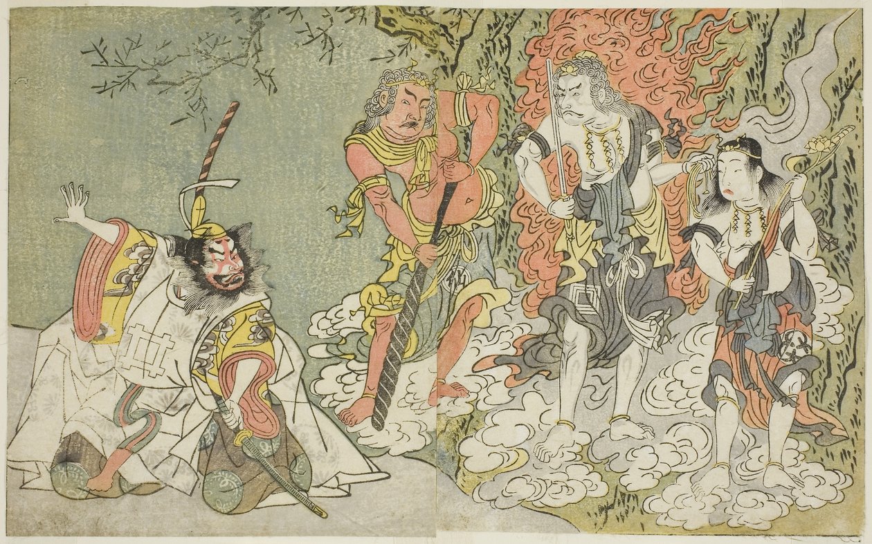 La obra Fuki Kaete Tsuki mo Yoshiwara (La luna también brilla sobre el distrito del placer de Yoshiwara), representada en el Teatro Morita en el undécimo mes, c.1771-72 (xilografía) de Katsukawa Shunsho