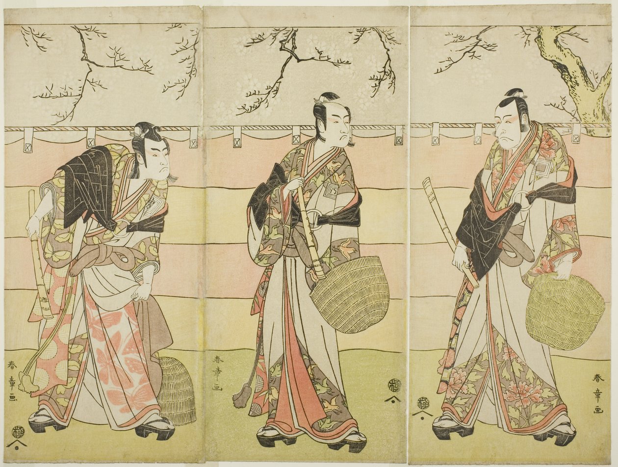Tres Monjes Komuso: Los Actores Ichikawa Ebizo (Danjuro V) como Kudo Suketsune (derecha), Ichikawa Monnosuke II como Soga no Juro Sukenari (centro), e Ichikawa Omezo I como Soga no Goro Tokimune (izquierda), en el Acto Seis de la Obra Waka Murasaki Edokko  de Katsukawa Shunsho