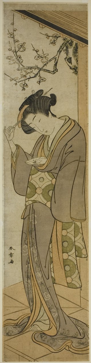 Mujer en una veranda a punto de abrir una carta de Katsukawa Shunsho