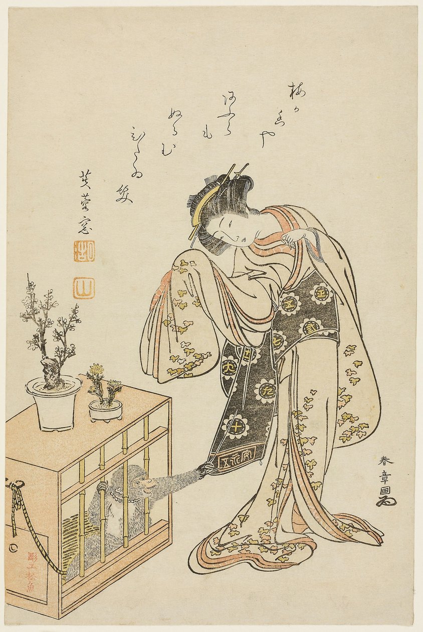 Joven con mono enjaulado (Calendario de Año Nuevo 1776) de Katsukawa Shunsho