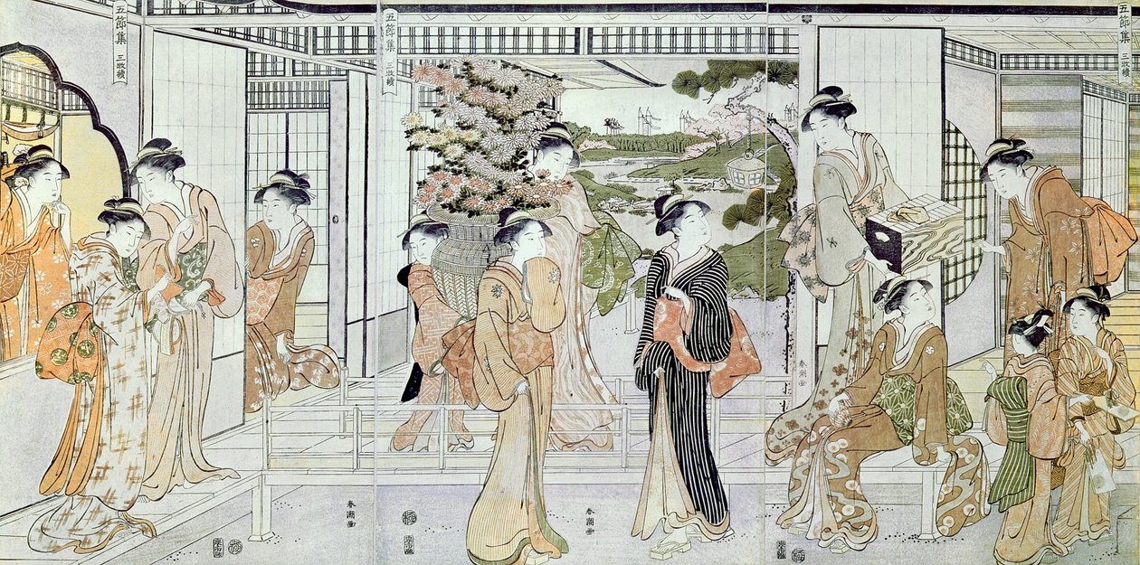 Mujeres jóvenes con una cesta de crisantemos (grabado en madera en color) de Katsukawa Shunsho
