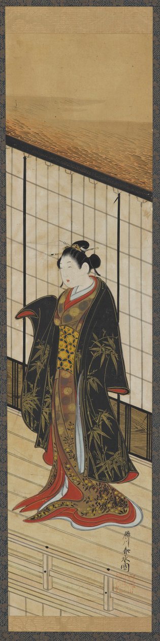 Mujer de pie en un balcón del segundo piso, período Edo, mediados del siglo XVIII de Katsukawa Shunsui