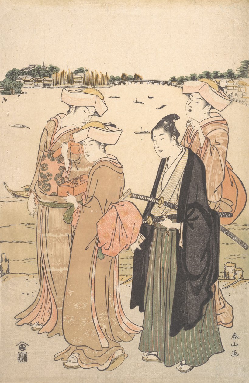 Un Joven Samurai y Tres Mujeres de Katsukawa Shunzan