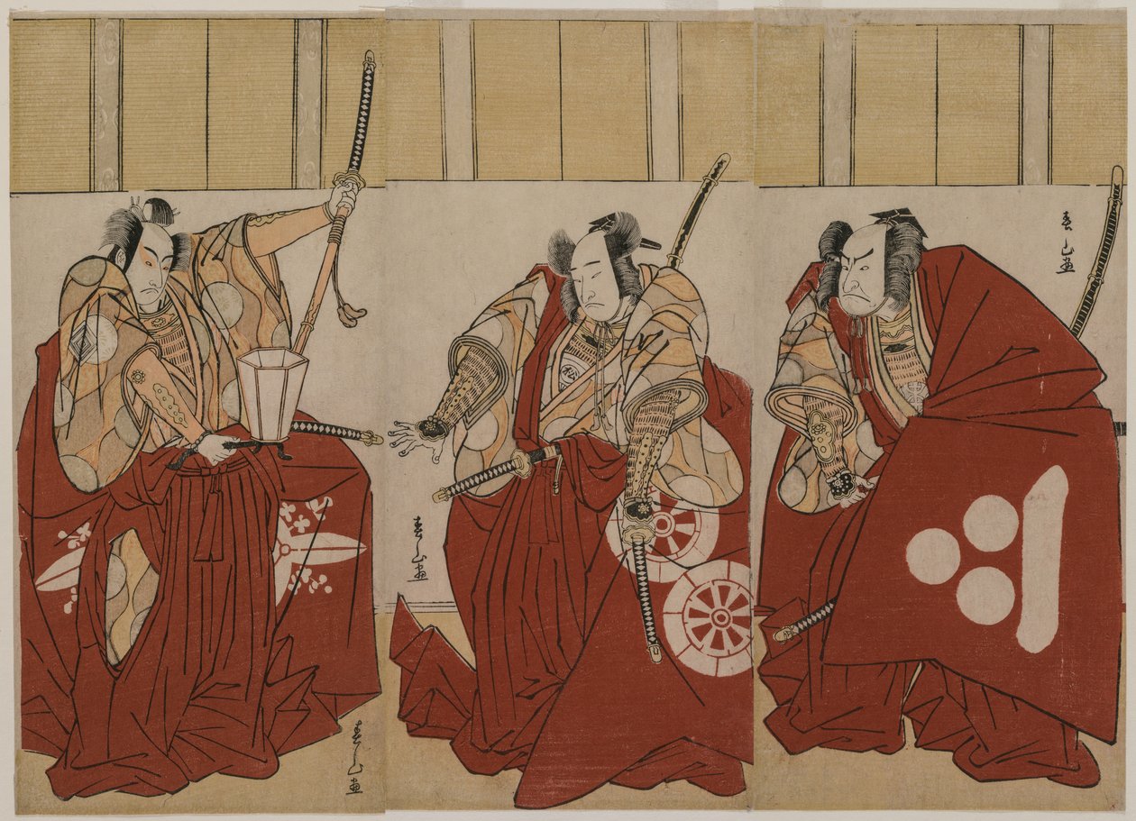 Ichikawa Monnosuke II como Urabe Suetake, Onoe Matsusuke I como Usui Sadamitsu, y Nakamura Nakazo I como Watanabe no Tsuna en Los Cuatro Reyes Celestiales disfrazados como la Guardia Nocturna de Katsukawa Shunzan