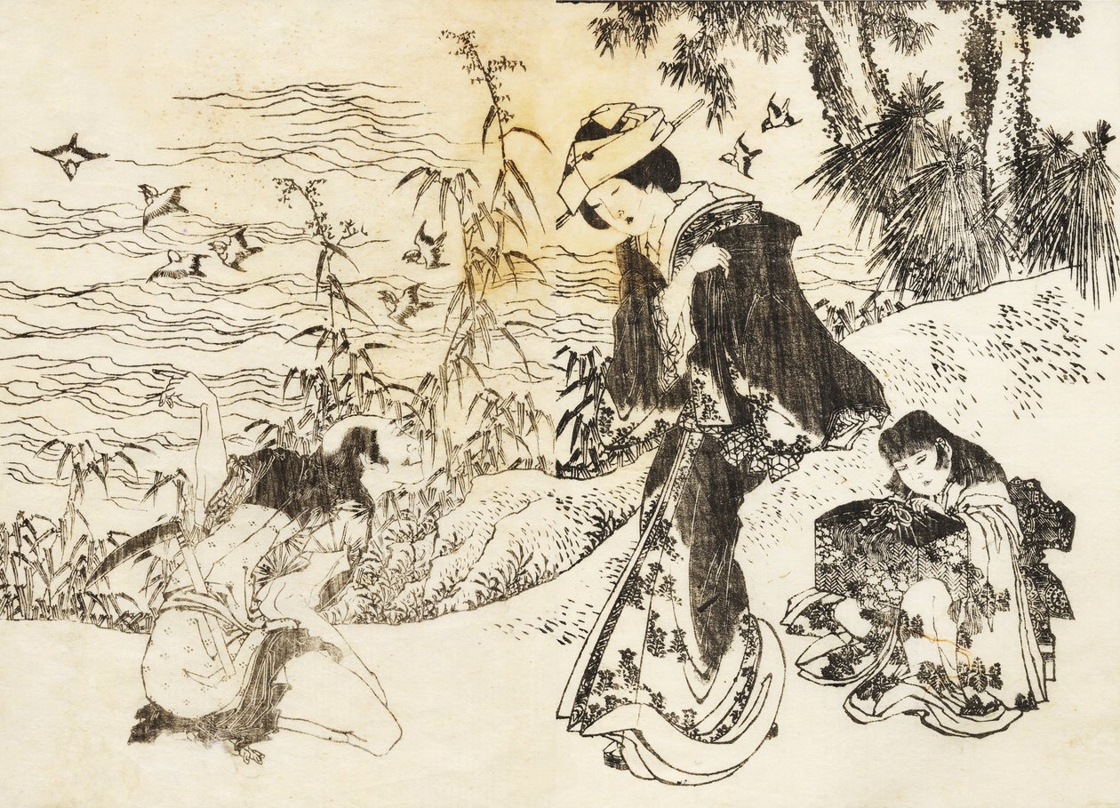 Una novia va de camino con su doncella de Katsushika Hokusai