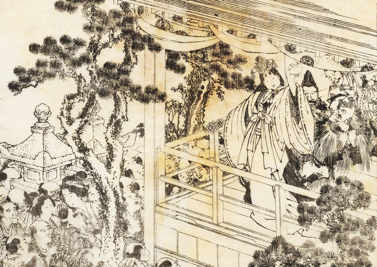 Una escena de una danza en un santuario sintoísta de Katsushika Hokusai