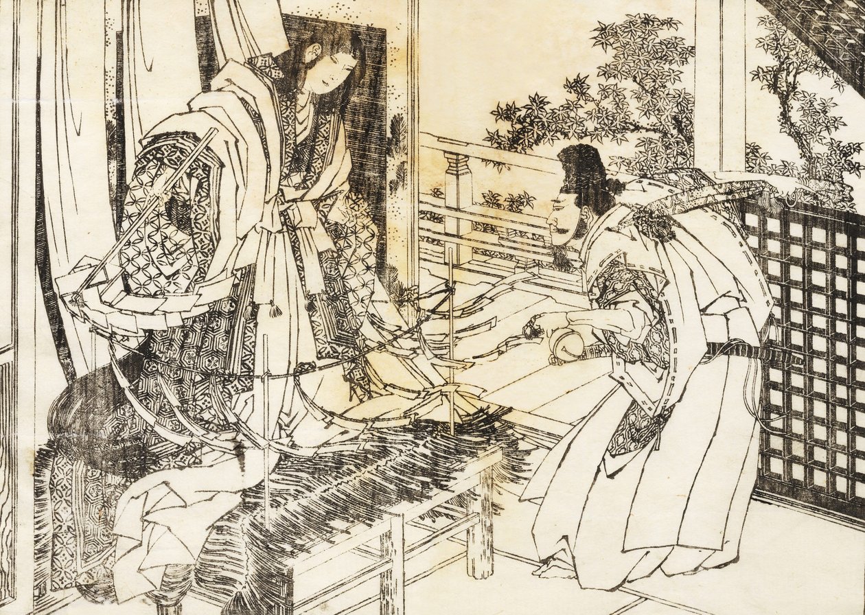 Una mujer en un santuario sintoísta tiene un palo con muchas hojas de papel de Katsushika Hokusai