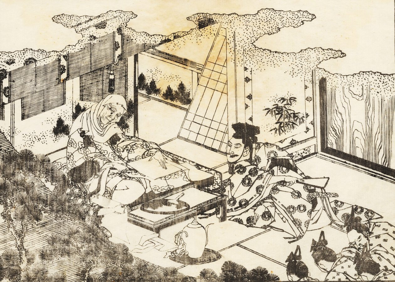 Una anciana, quizás una monja budista, se sienta y una joven le lee algo de Katsushika Hokusai