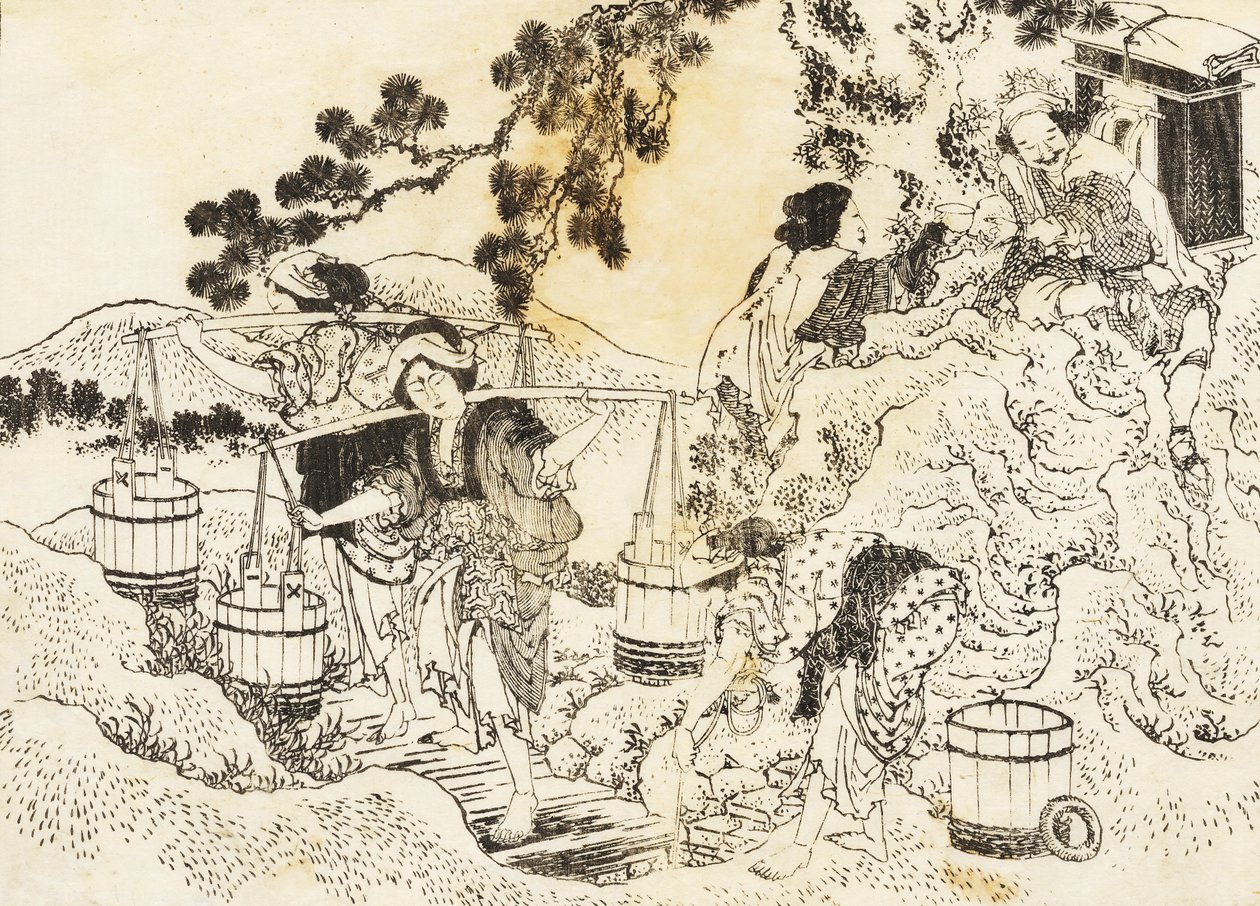Cuatro mujeres trabajando muy duro y llevando cubas de agua de Katsushika Hokusai