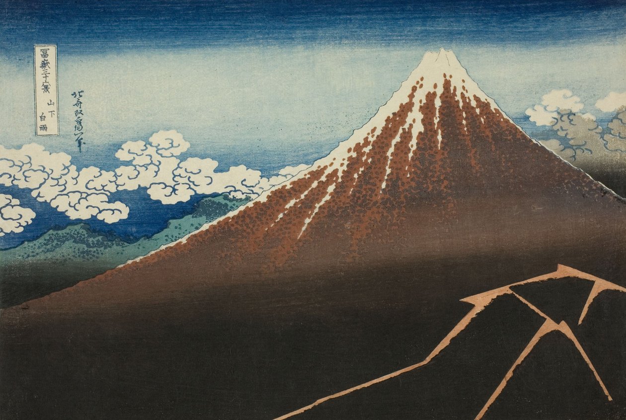Lluvia bajo la Cumbre (Sanka hakuu), de la serie Treinta y seis vistas del Monte Fuji (Fugaku sanjurokkei) de Katsushika Hokusai