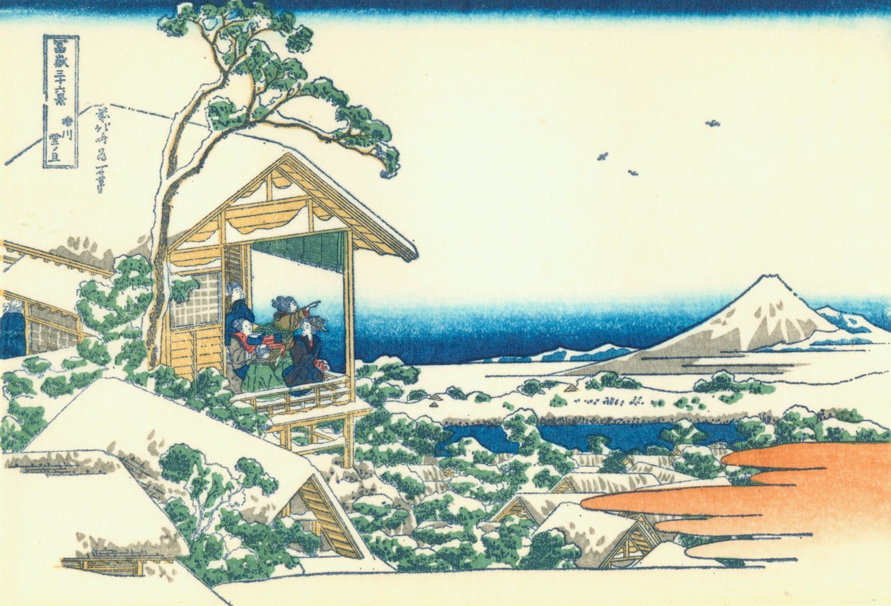 Casa de té en Koishikawa. La mañana después de una nevada de Katsushika Hokusai