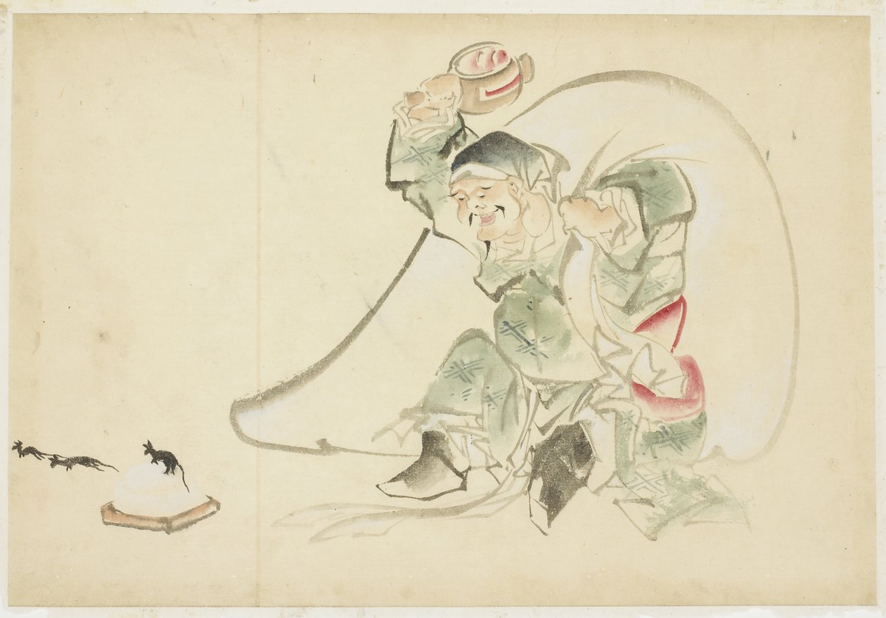 Daikoku, Dios de la Felicidad, con su mazo mágico de Katsushika (school of) Hokusai