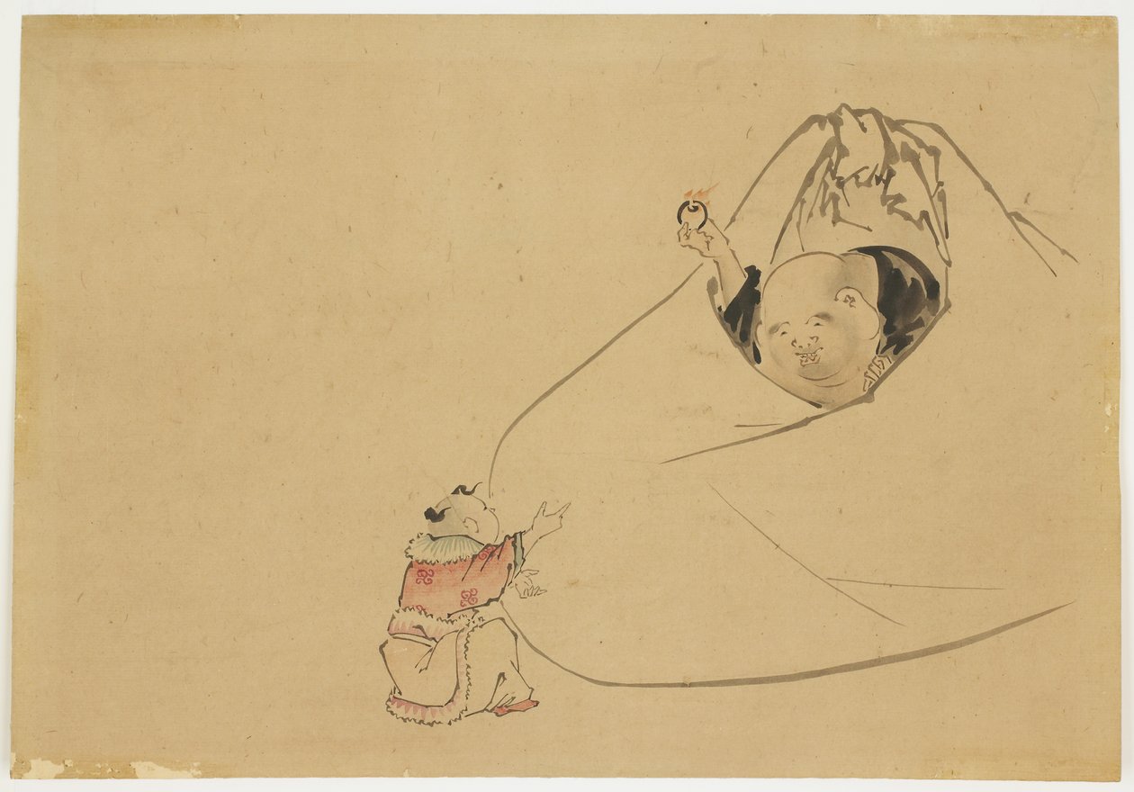 Hotei Ofreciendo Joya Llameante a un Niño Pequeño, c.1850 de Katsushika (school of) Hokusai