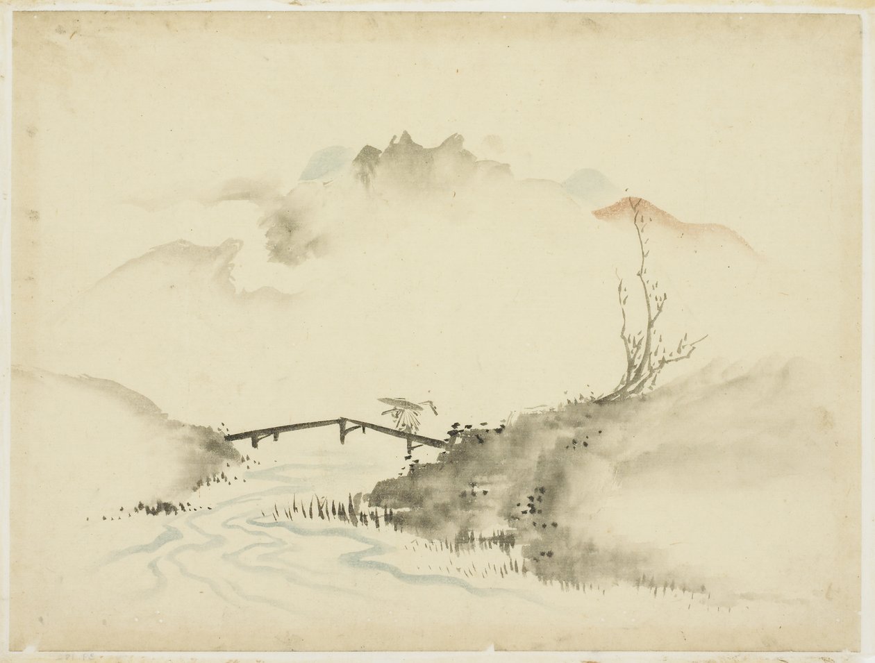 Paisaje con granjero cruzando un puente, 1615-1868 de Katsushika (school of) Hokusai