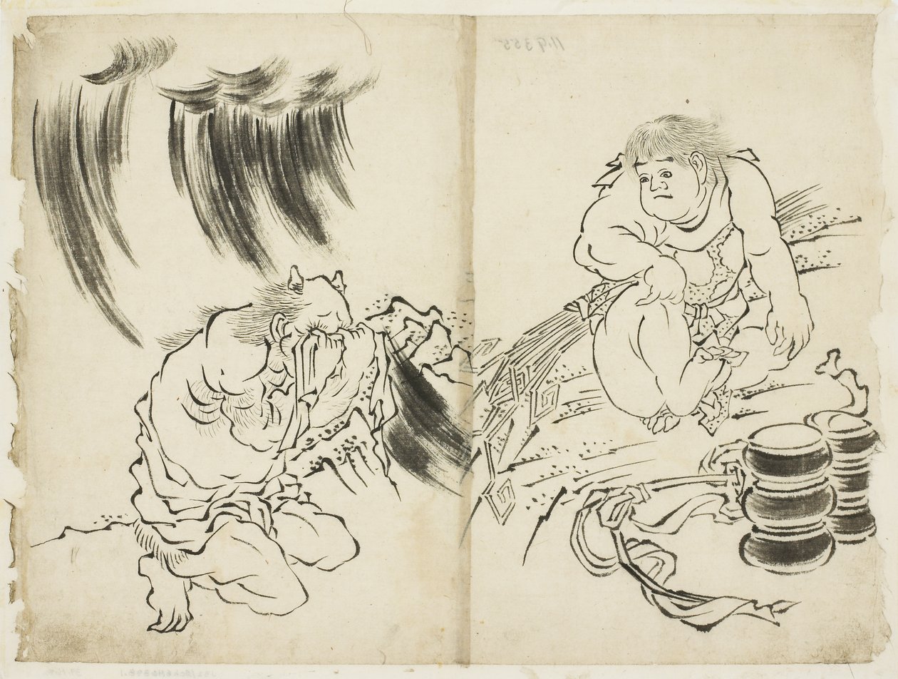 Personificación de la tormenta con Kintaro y Oni llorando, c.1815-1849 de Katsushika (school of) Hokusai