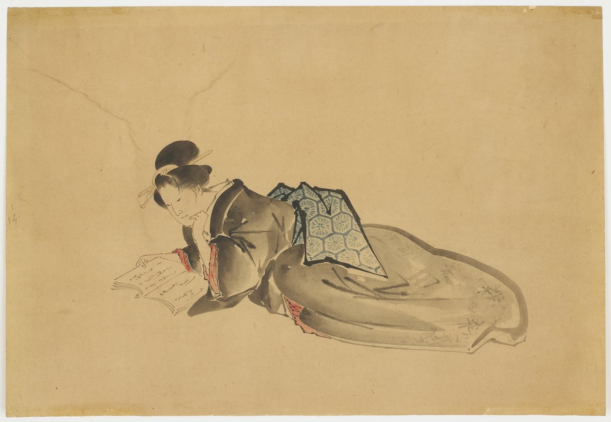Cortesana reclinada leyendo de Katsushika (school of) Hokusai