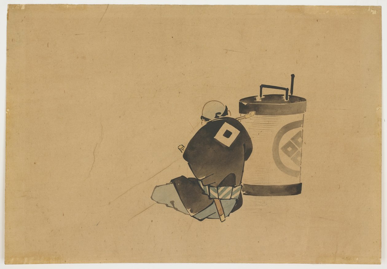 Asistente sentado fumando junto a una lámpara, ca. 1850 de Katsushika (school of) Hokusai