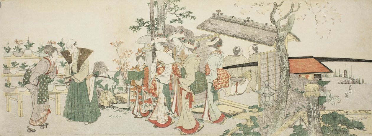 Un grupo de mujeres jóvenes entrando en el jardín de un horticultor de Katsushika Hokusai