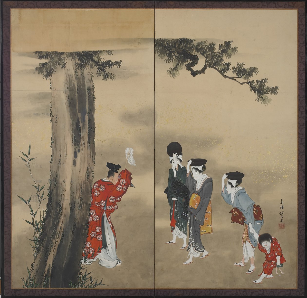 Un sacerdote sintoísta, tres mujeres y un niño de Katsushika Hokusai