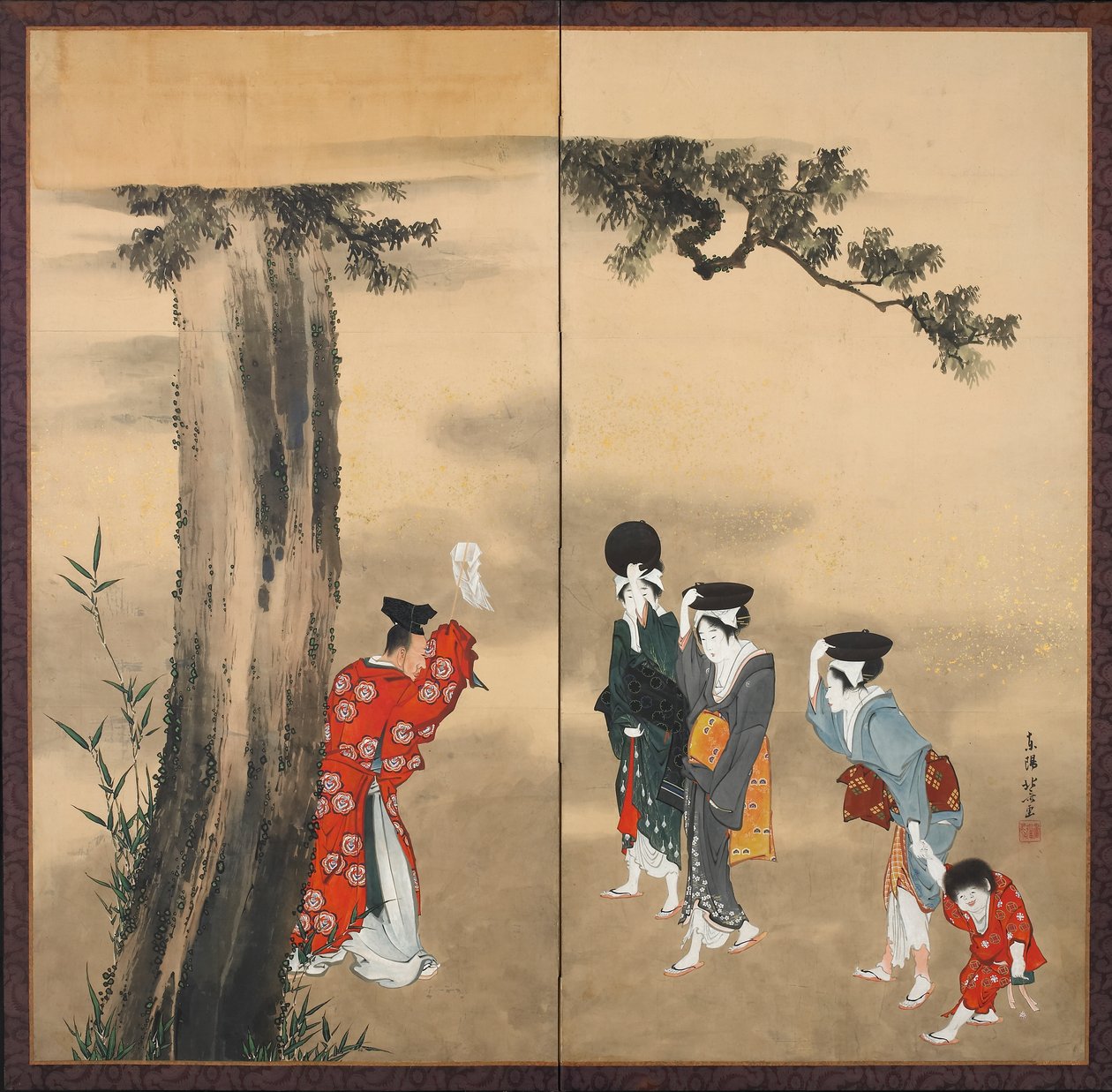 Un sacerdote sintoísta, tres mujeres y un niño, Período Edo, c.1799 de Katsushika Hokusai