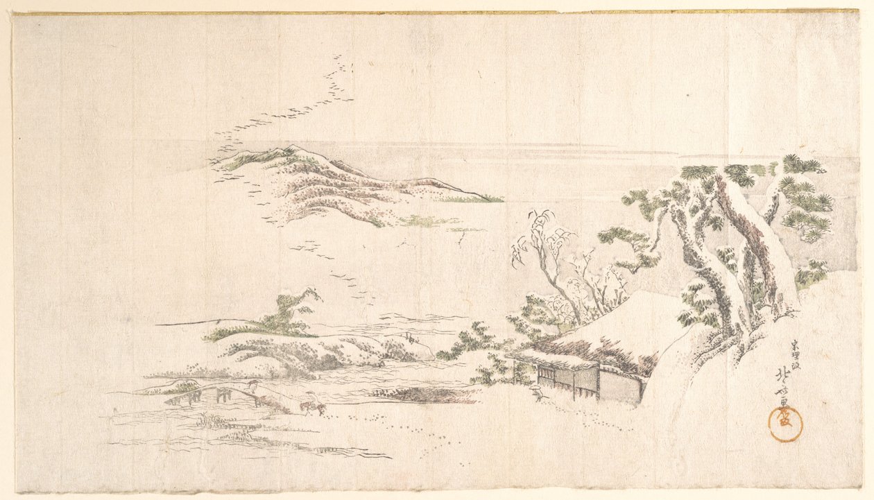Un paisaje nevado con nubes grises de Katsushika Hokusai