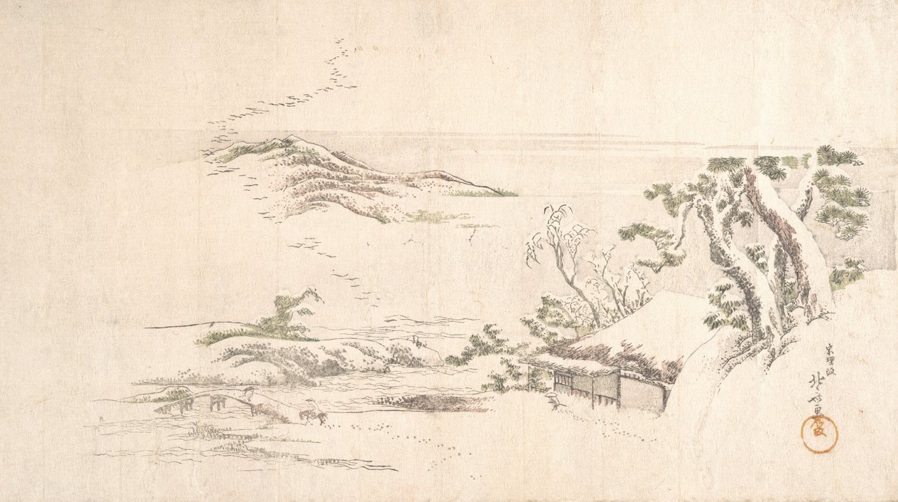 Paisaje Nevado con Nubes Grises de Katsushika Hokusai