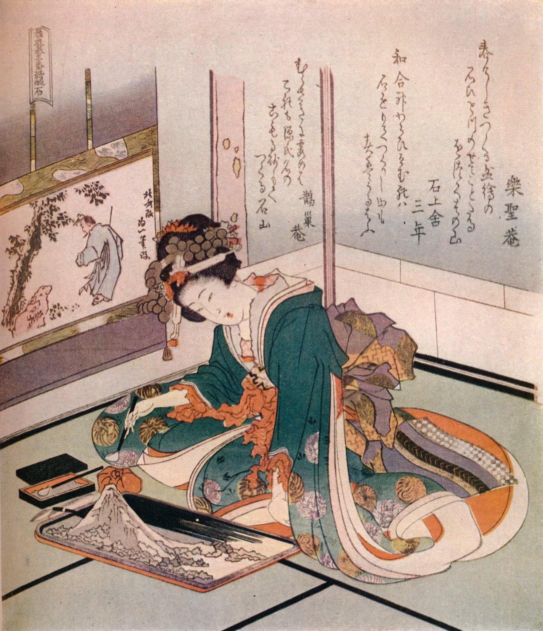 Una mujer haciendo un modelo en miniatura del Monte Fuji, c.1823 de Katsushika Hokusai