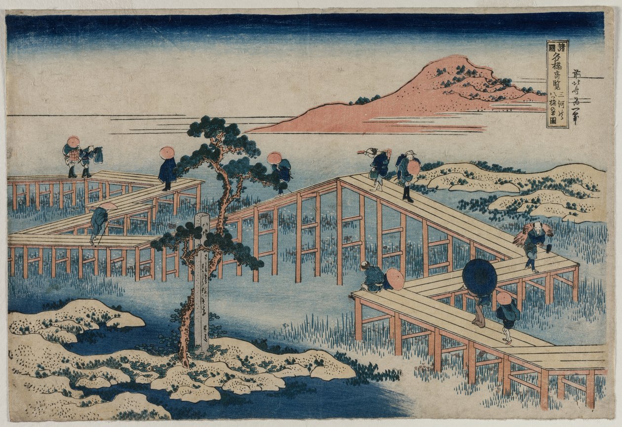Una antigua imagen del puente de ocho partes en la provincia de Mikawa (de la serie Vistas curiosas de puentes famosos en las provincias) de Katsushika Hokusai