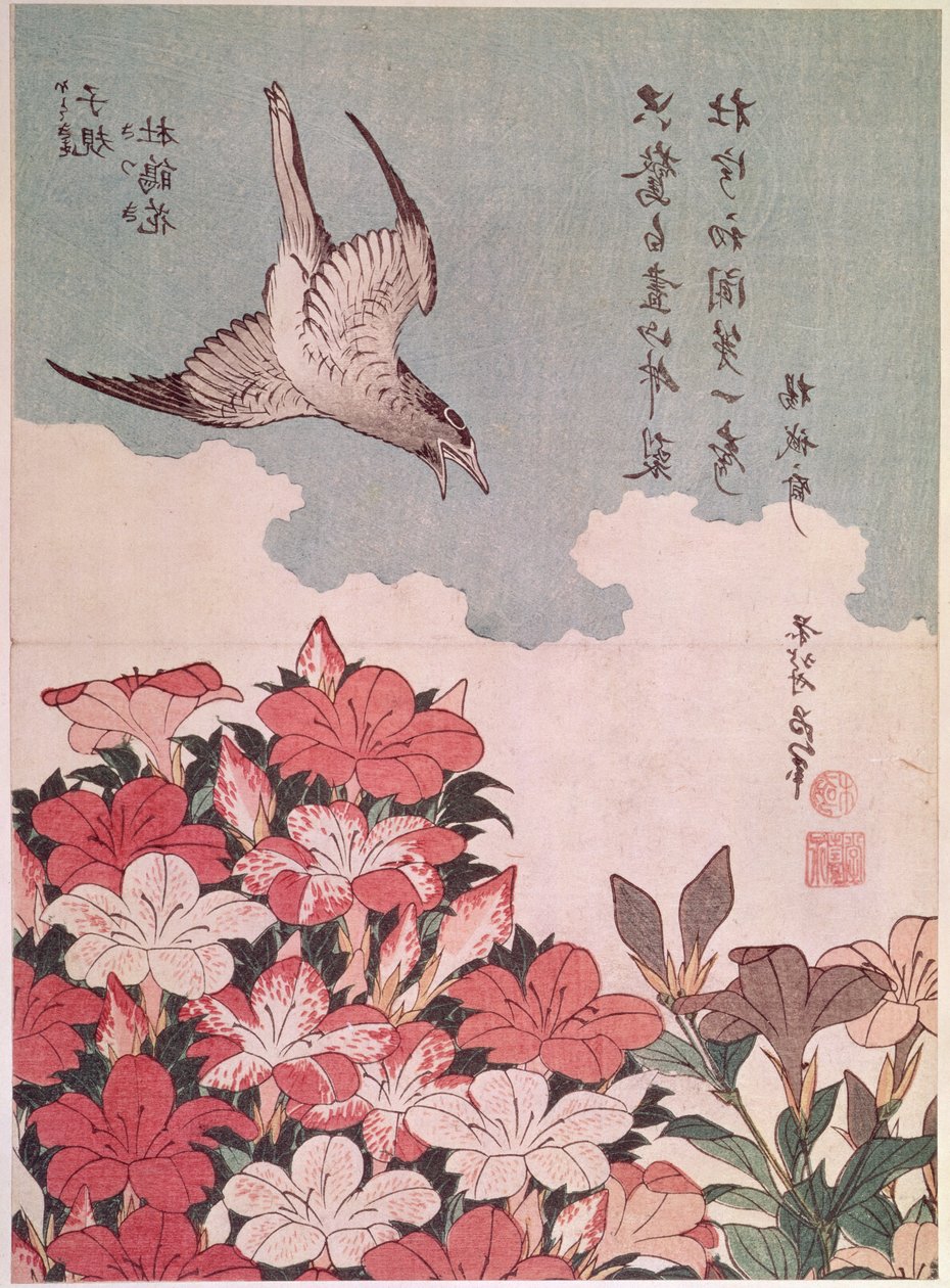 Azaleas and cuckoo, publicado por Eijudo, c.1830 (grabado en madera en color) de Katsushika Hokusai
