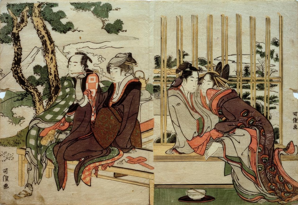 Azuma y Yogoro en la nieve vieja. Koman y Yosaku en el crepúsculo de Katsushika Hokusai