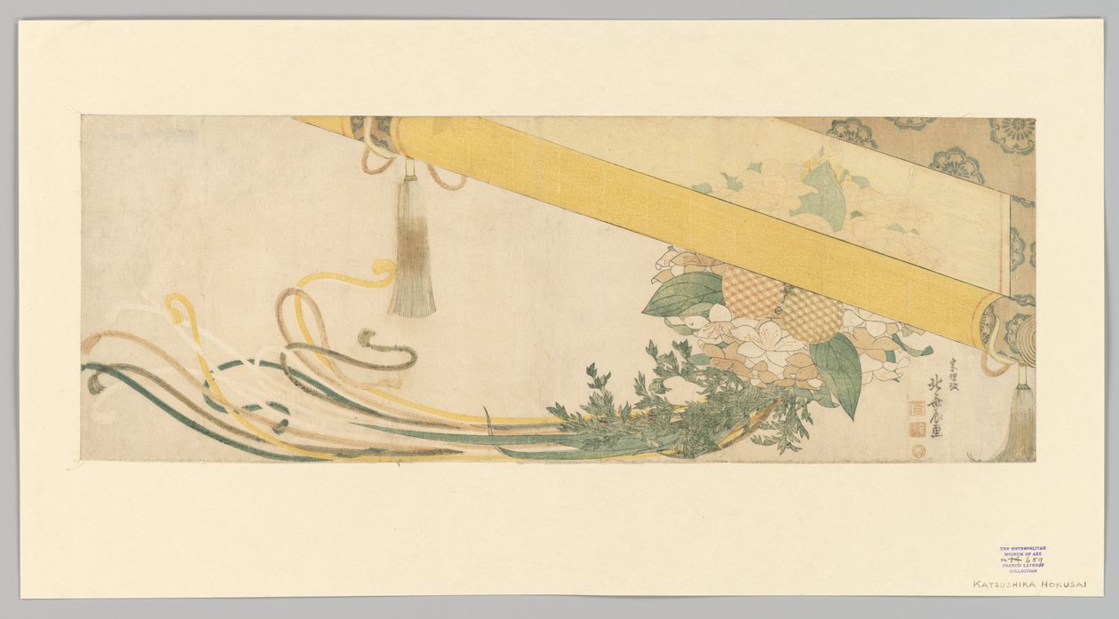 Cesta de flores con persiana de bambú de Katsushika Hokusai