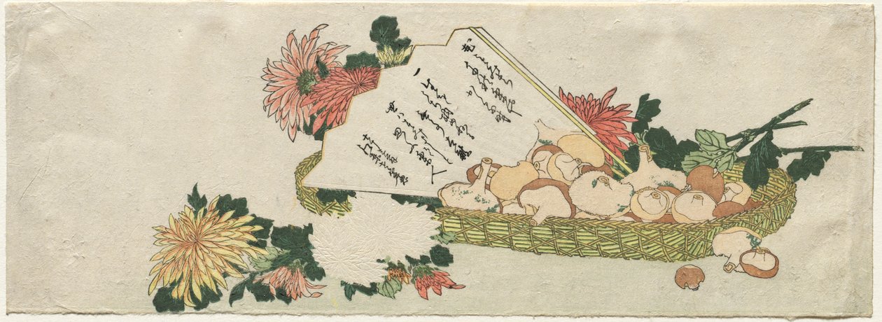 Cesta con Abanico, Crisantemos y Hongos de Katsushika Hokusai