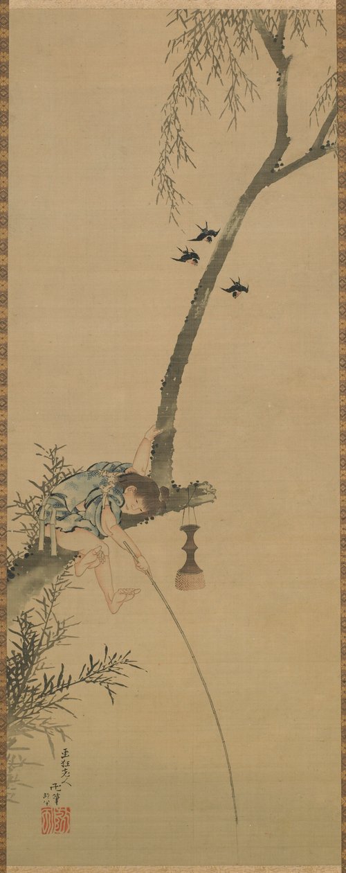 Niño pescando desde la rama de un árbol de Katsushika Hokusai