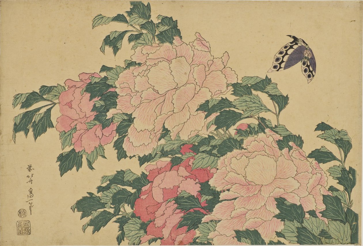 Mariposas y peonías de Katsushika Hokusai