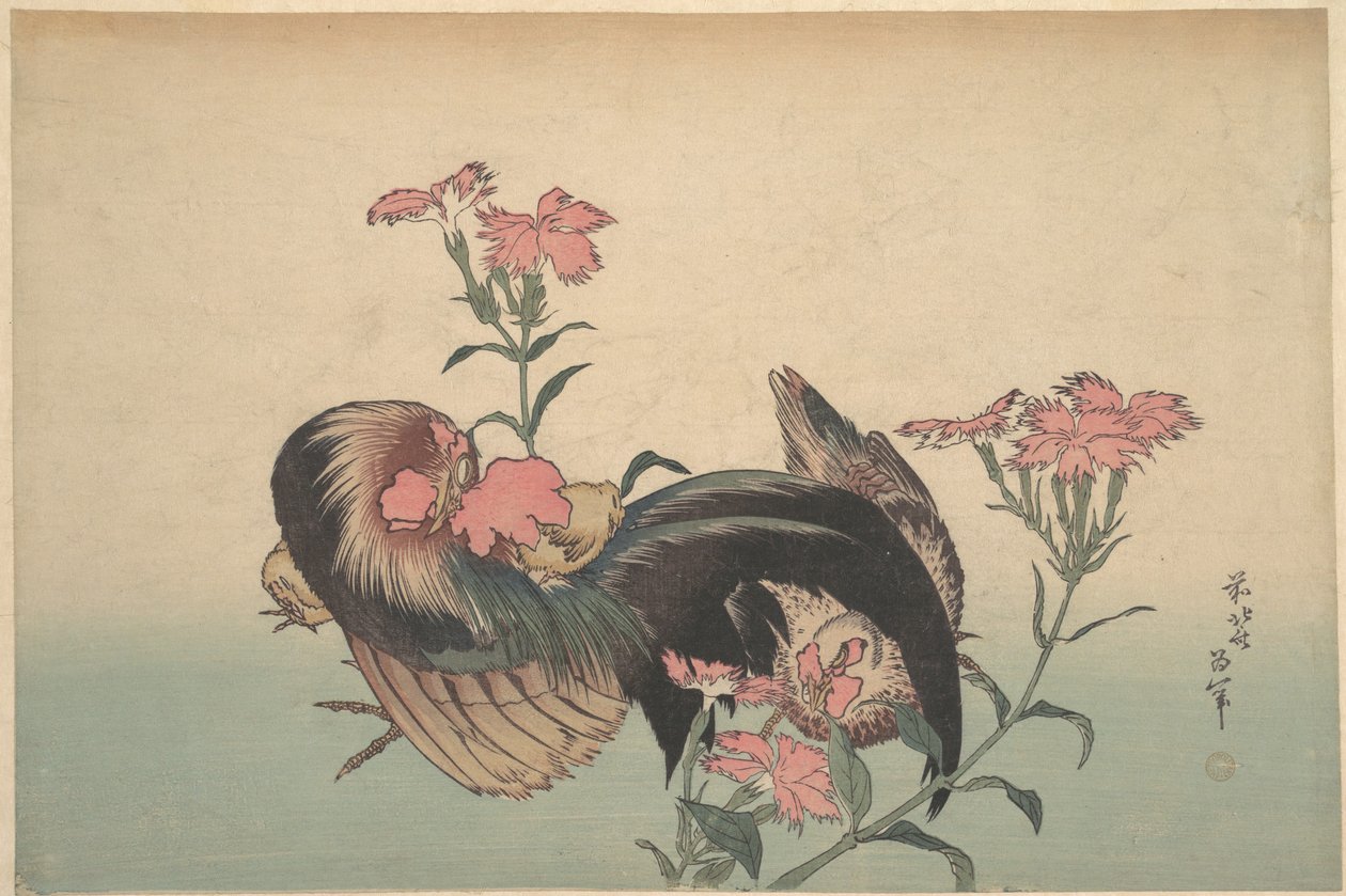 Gallo, gallina y nadeshiko (Dianthus superbus) de Katsushika Hokusai