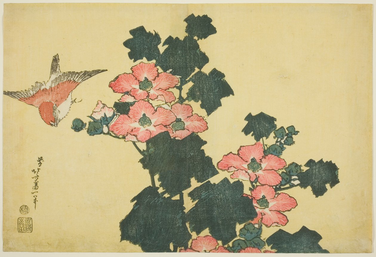Rosas de Algodón y Gorrión, de una serie sin título de Flores Grandes de Katsushika Hokusai