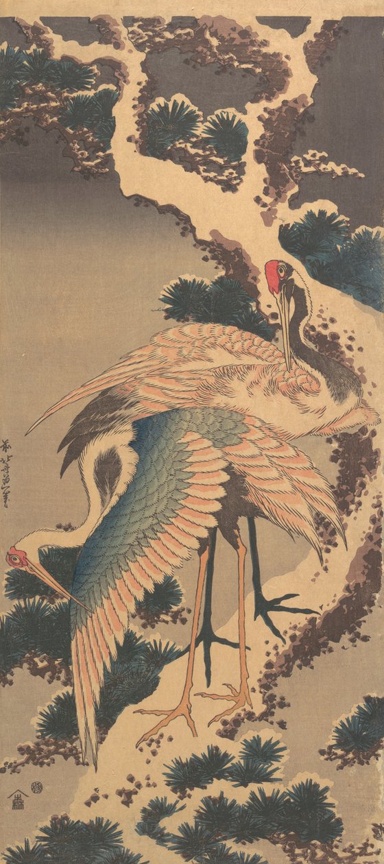 Grullas en Rama de Pino Cubierta de Nieve, finales de la década de 1820 de Katsushika Hokusai
