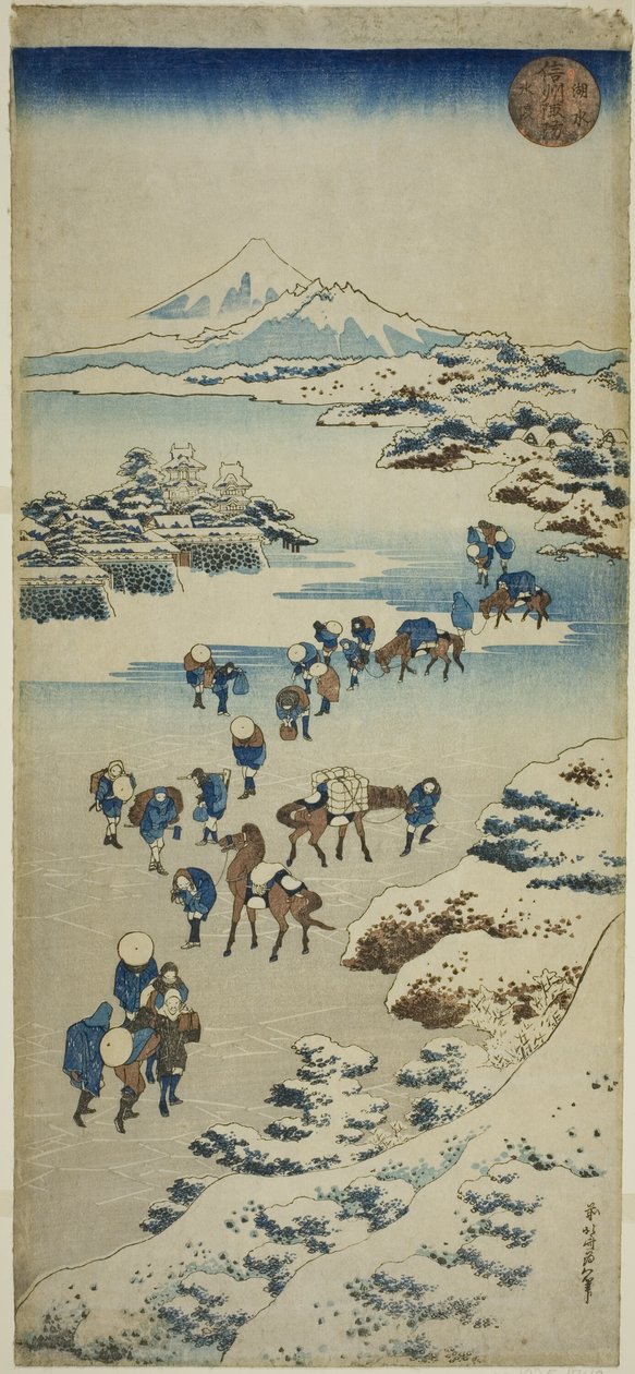Cruzando el lago congelado Suwa en la provincia de Shinano (Shinshu Suwa kosui kori watari) de Katsushika Hokusai