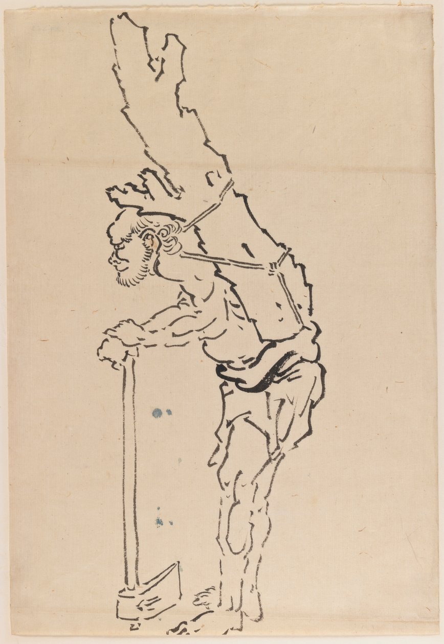 Dibujo de un hombre descansando sobre un hacha y llevando parte de un tronco de árbol en su espalda de Katsushika Hokusai