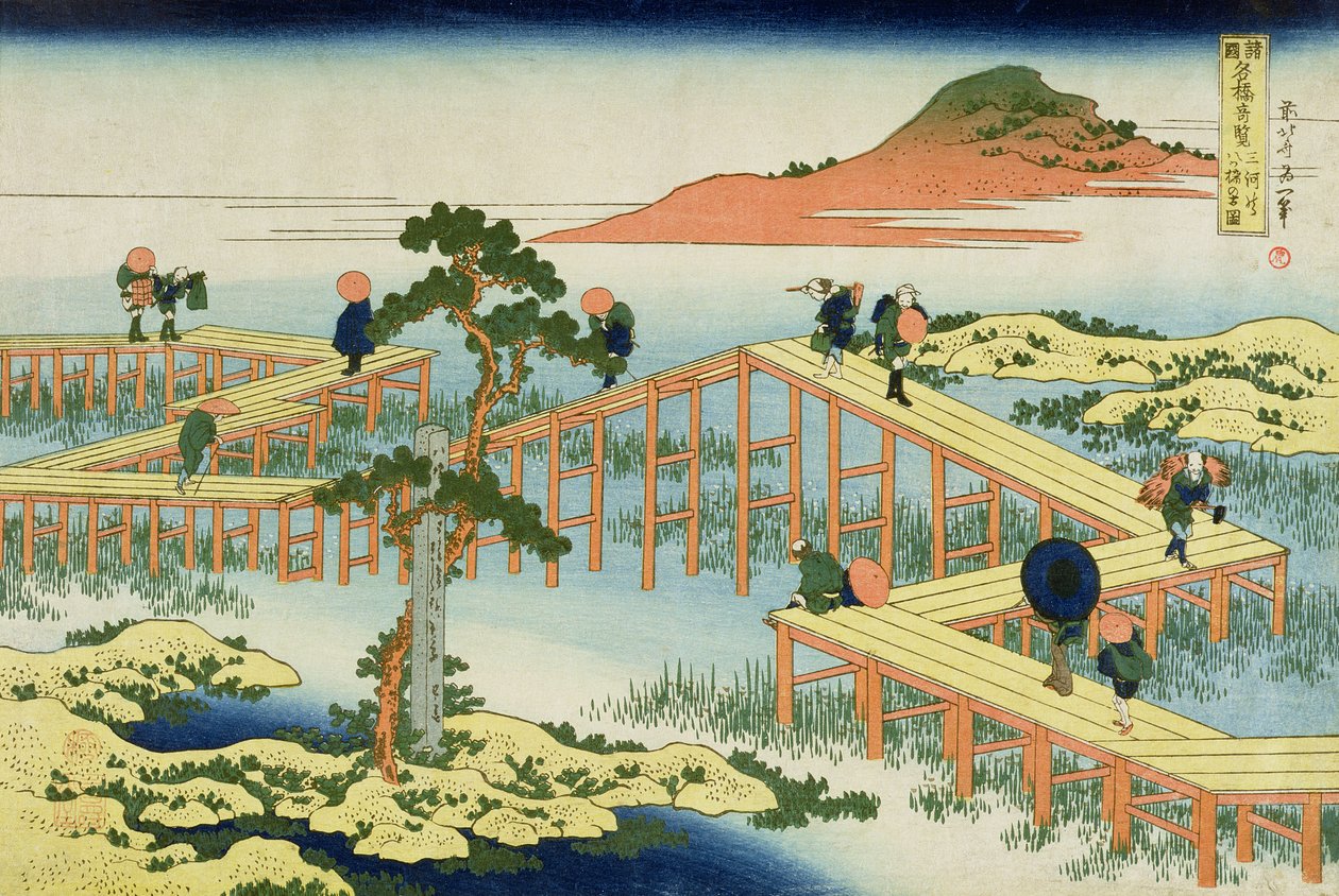Puente de ocho partes, provincia de Mucawa, Japón, c.1830 de Katsushika Hokusai