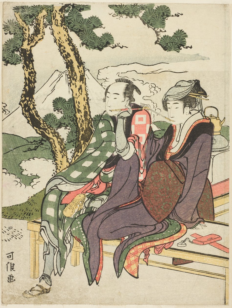 Brillo vespertino para Date no Yosaku y Seki no Koman, de la serie sin título conocida como "Ocho vistas de amantes trágicos (Michiyuki hakkei)" de Katsushika Hokusai