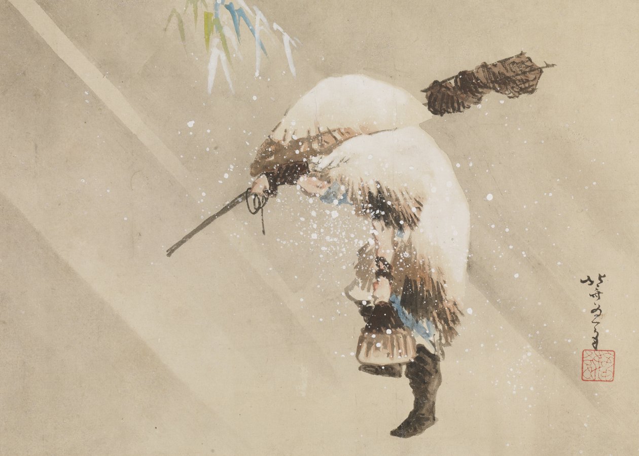 Fisherman Carrying His Net in the Snow, c. 1821 (tinta, color y gofun sobre papel) de Katsushika Hokusai