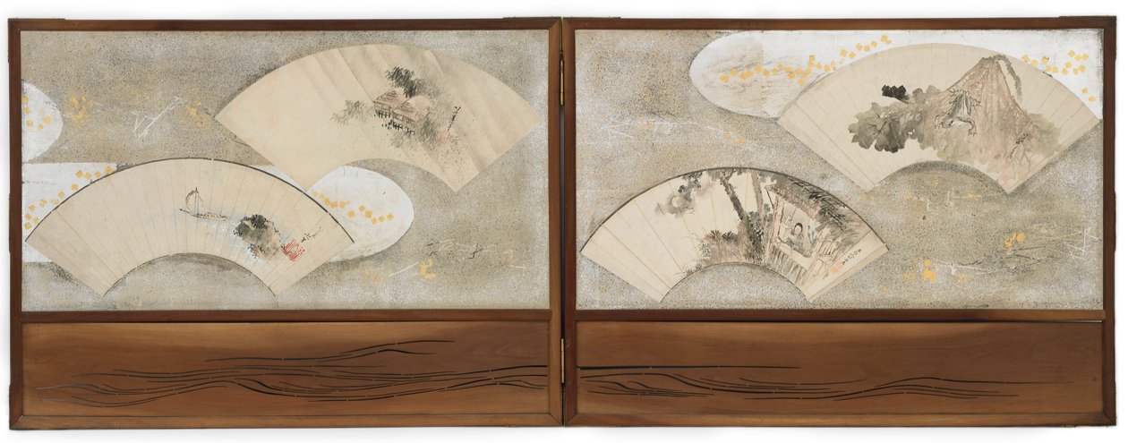 Cuatro pinturas de abanico montadas en una pantalla de Katsushika Hokusai