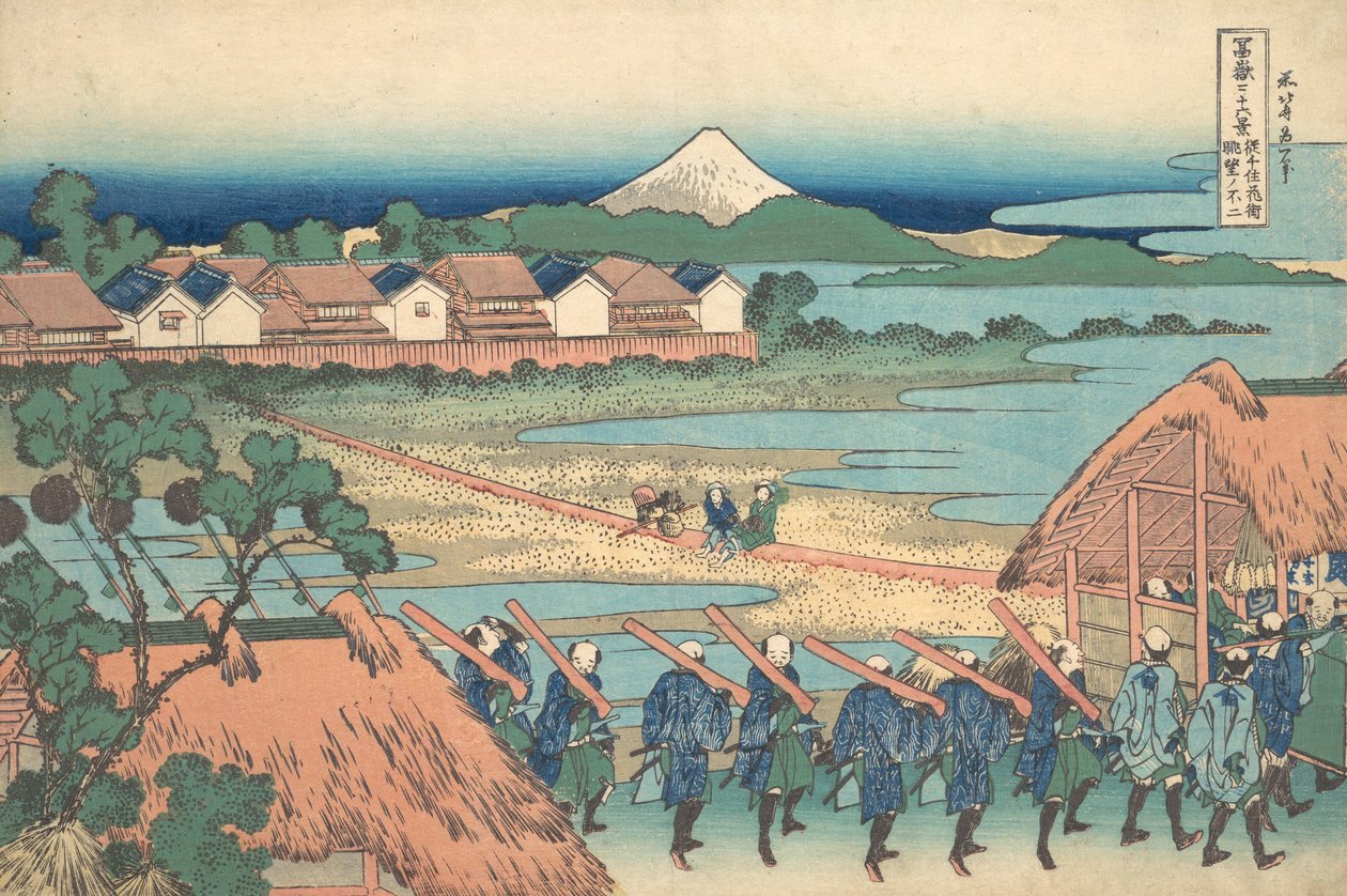 Fuji visto a lo lejos desde el barrio de placer de Senju, ca. 1830-32 de Katsushika Hokusai