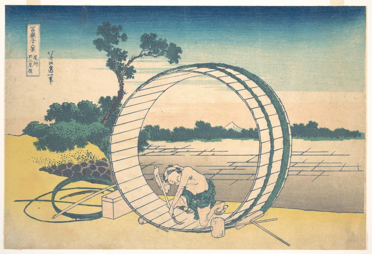 Fujimigahara, en la provincia de Owari (Bishū Fujimigahara), de la serie «Las treinta y seis vistas del monte Fuji» (Fugaku sanjūrokkei) de Katsushika Hokusai