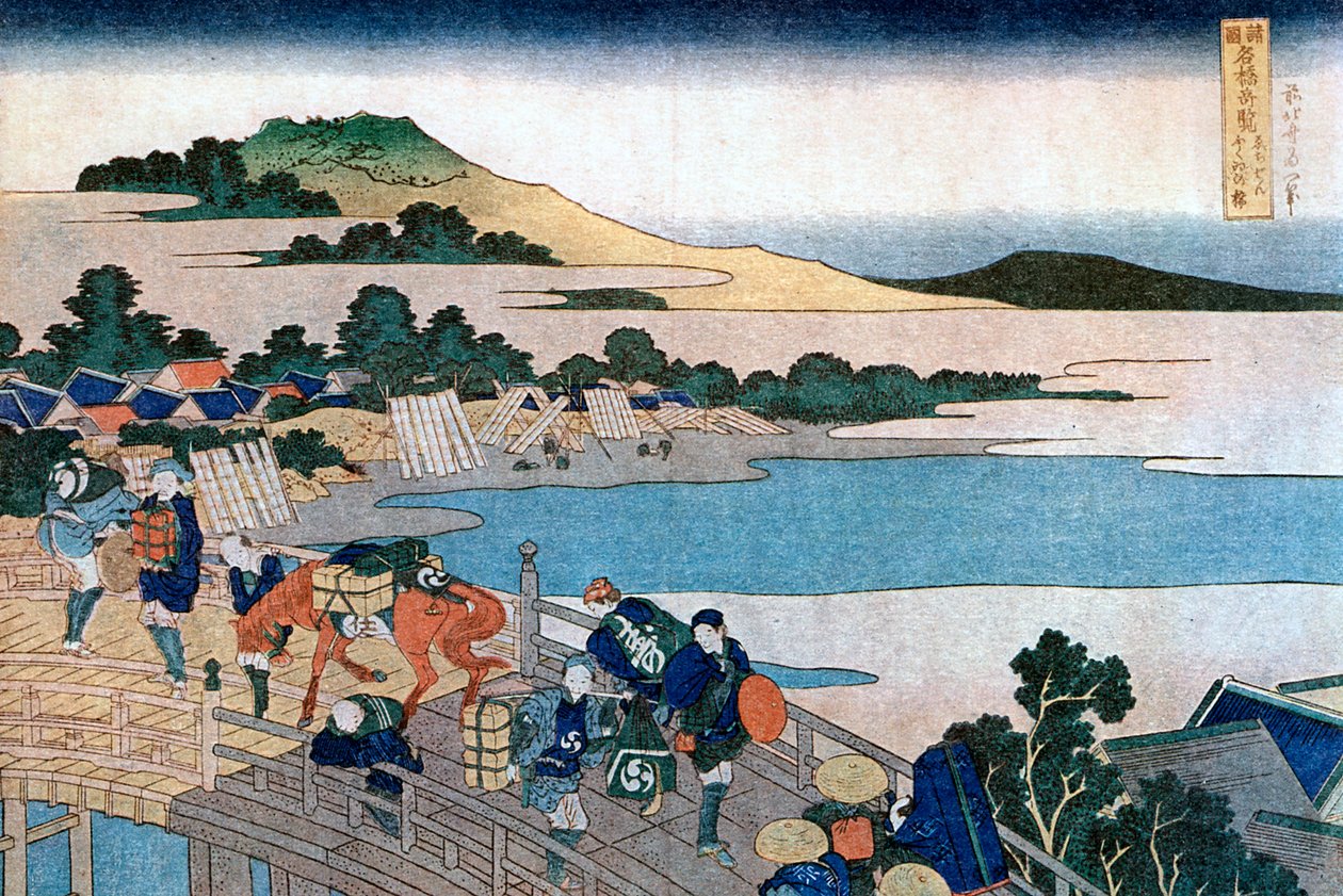 Puente Fukui, Provincia de Echizen, c1785-1849 de Katsushika Hokusai