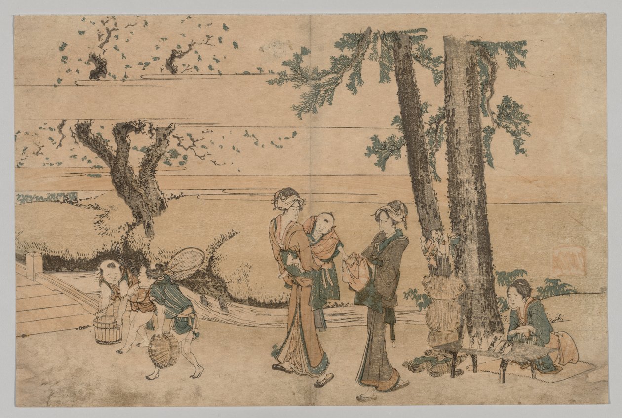 Grupo de figuras cerca de un arroyo de Katsushika Hokusai