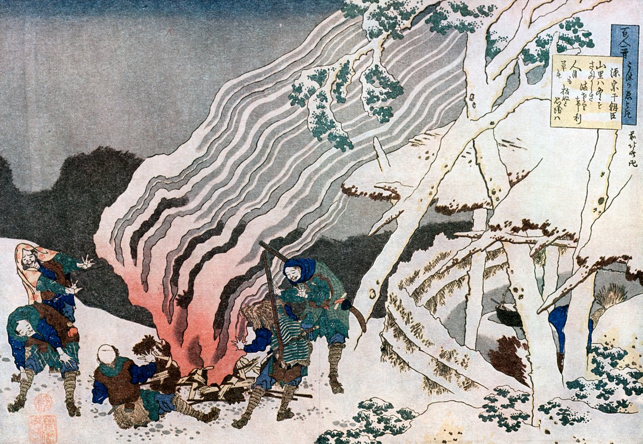 Cazadores junto a un fuego en la nieve, c1835 de Katsushika Hokusai