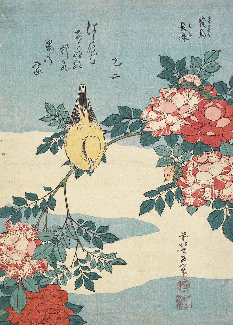 Ruiseñor Japonés y Ramo de Rosas, c. 1832 de Katsushika Hokusai