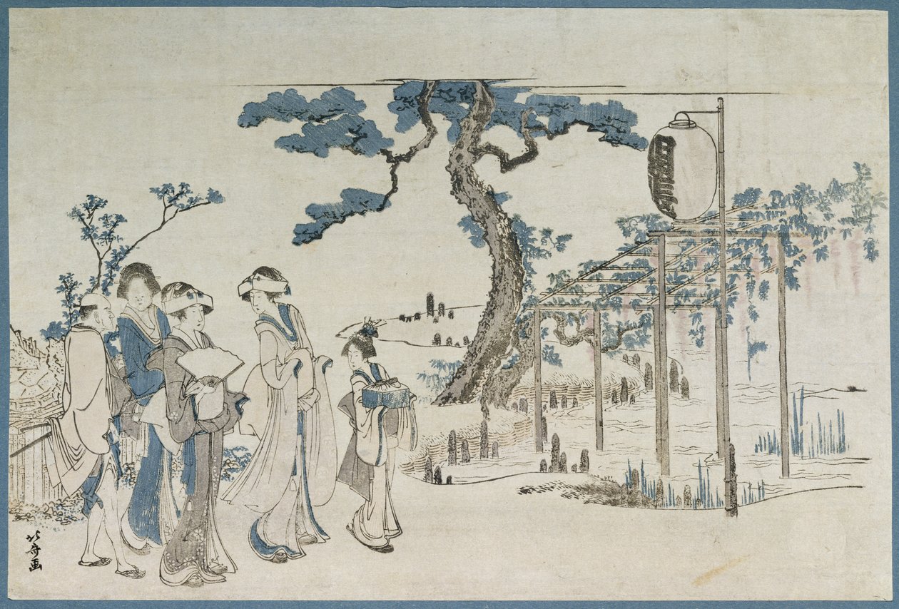 Damas visitando los jardines de glicinas en Kameido de Katsushika Hokusai